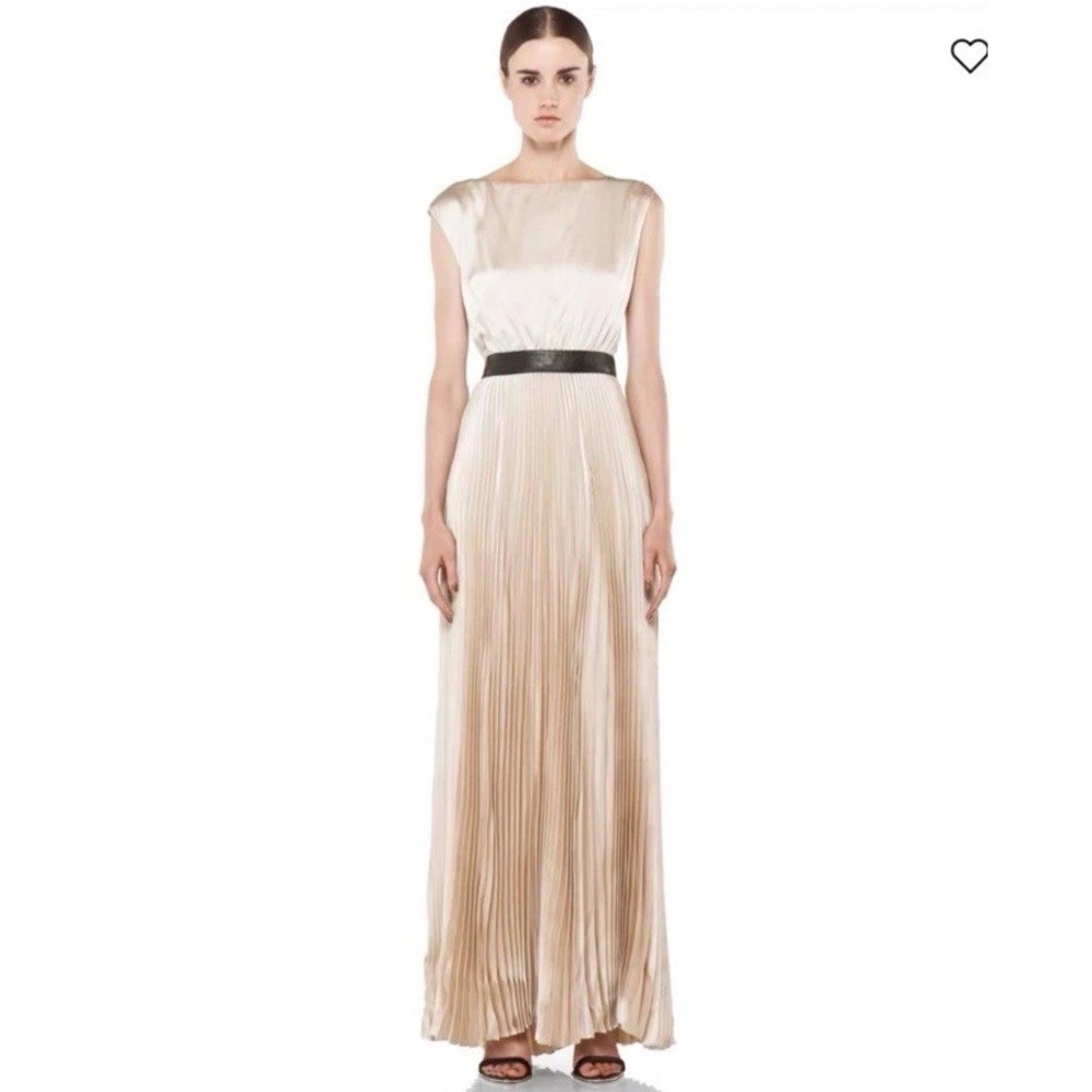 $595 Alice + Olivia Triss Pleated Long Maxi Dress Gown Italy 95% Silk Gold S/4
